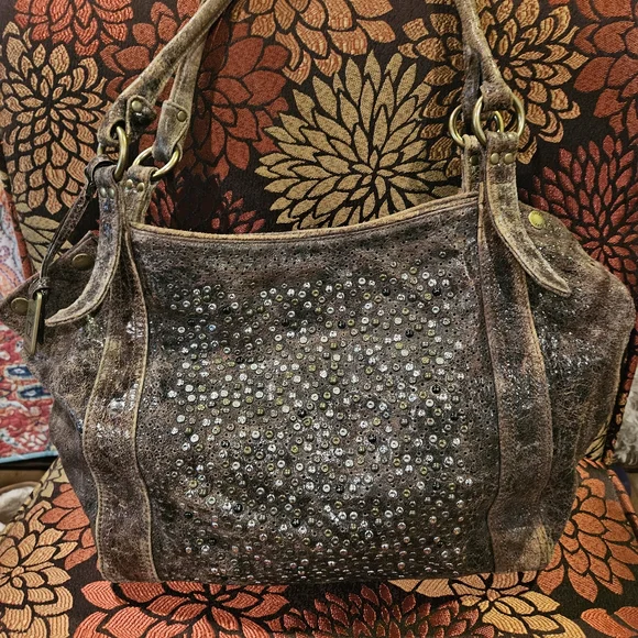 RESERVED For Amanda DO NOT BUY Frye Distressed Brown Studded Shoulder Bag - Picture 1 of 8